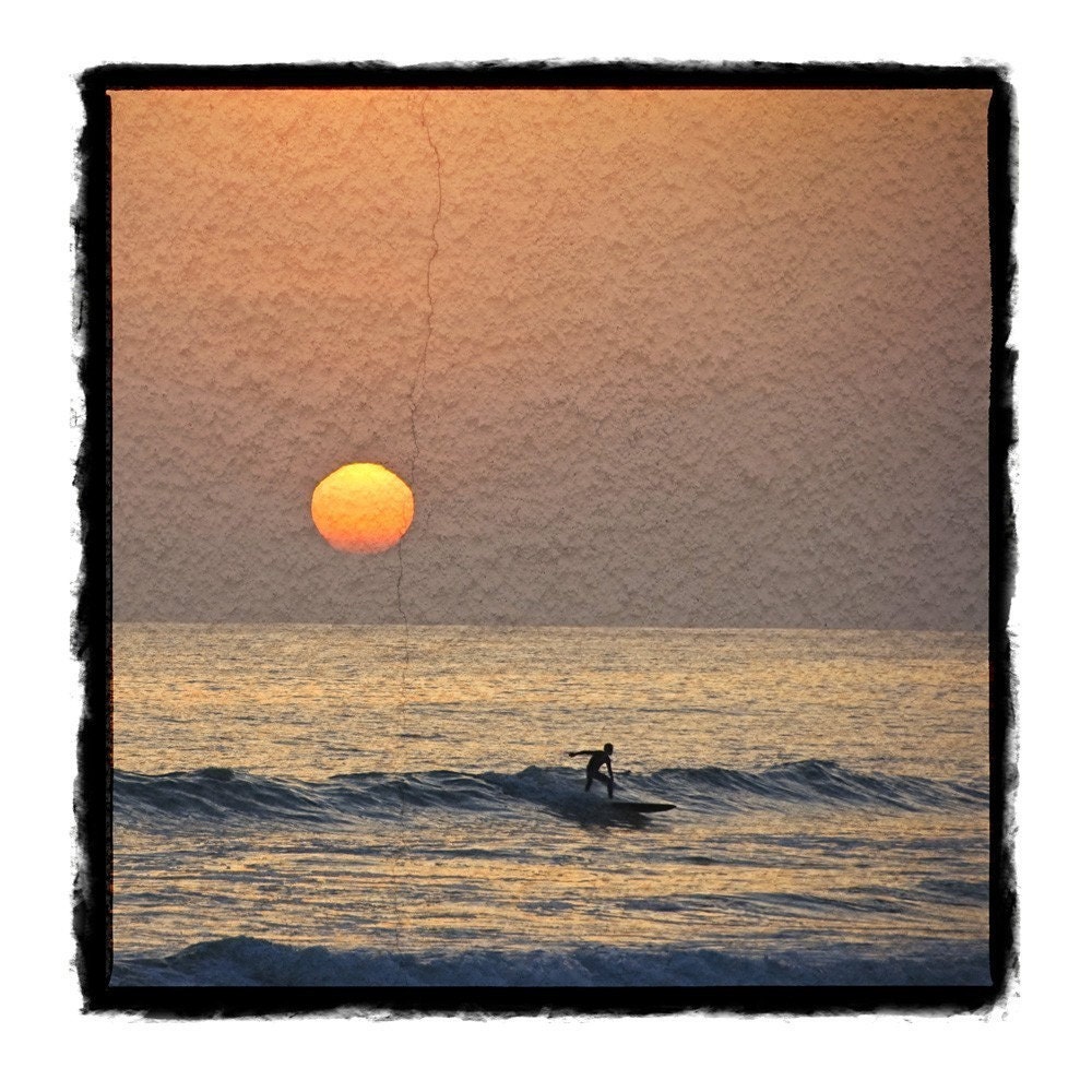 Surfing at sunset. Mixed media print and photography.