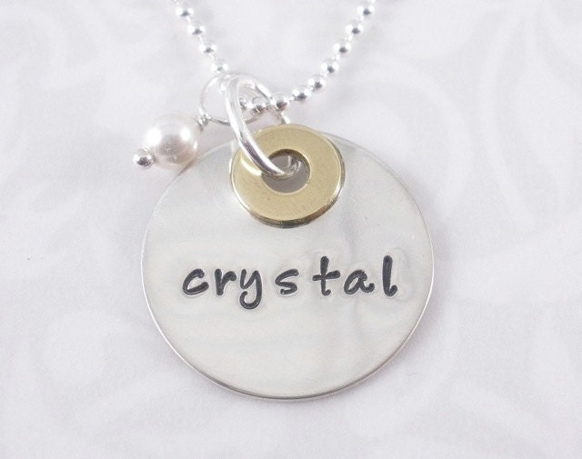 Hand Stamped Name Necklace with brass washer and bead on Sterling silver ball chain