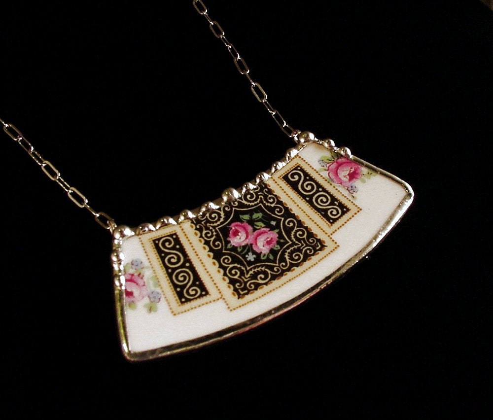 Broken china jewelry necklace vintage pink rose china made from a broken plate