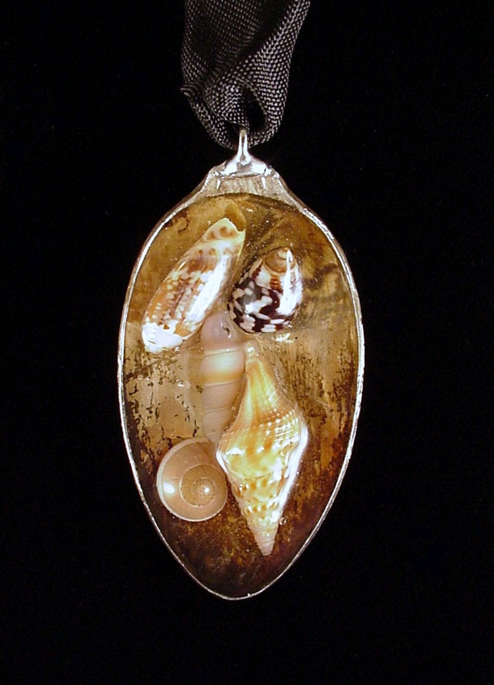 Antique Silver Spoon Pendant with beach shells set in Resin b