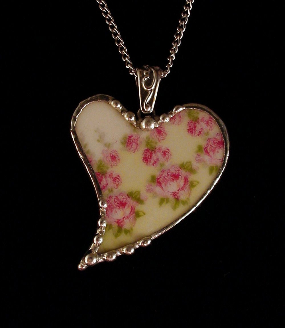 Broken china jewelry heart necklace pendant antique French china with tiny pink roses