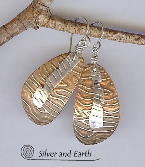 Mixed Metal Earrings with Textured Copper and by SilverandEarth