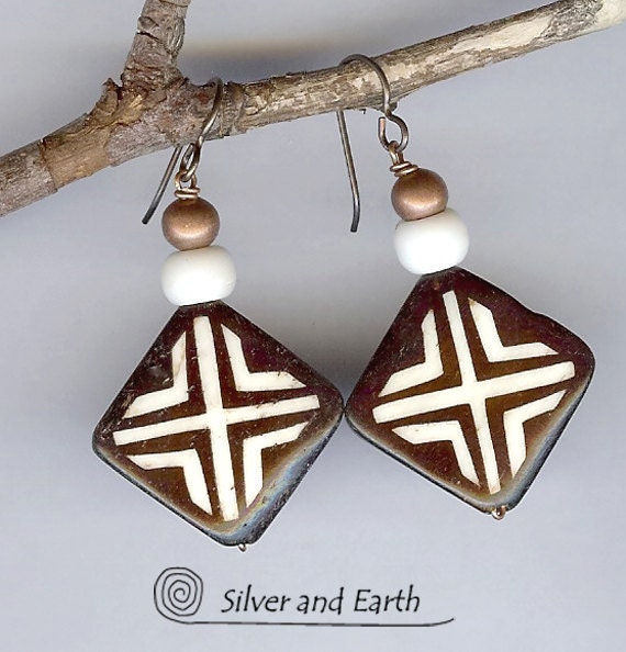 SALE - Beaded Tribal Earrings with African Bone and Copper Beads, Beadwork Earrings, Ethnic Jewelry, Sale Jewelry