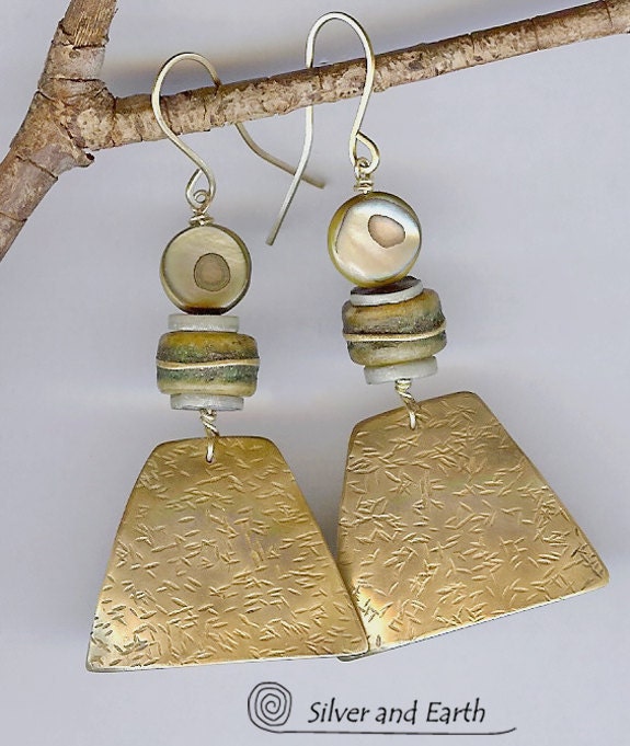 Antiqued Brass Earrings with African Bone and Mother of Pearl Shell Beads - Bohemian Jewelry - Artisan Metalwork Earrings