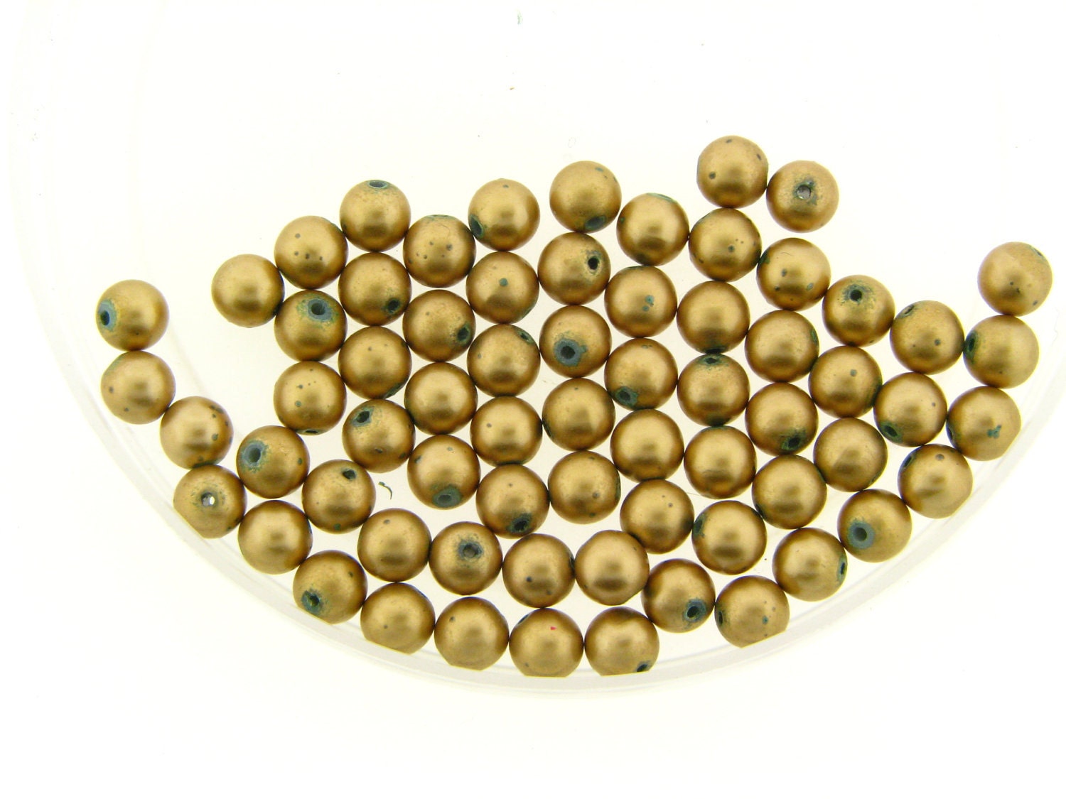 Vintage Japan Muted Antique Gold w. Green Verdigris Round Glass Bead Lot