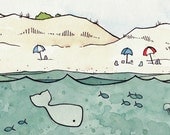 Beach Umbrellas and Whale Print 8x10