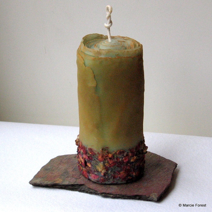 Organic Spice Pillar, Slate Base - Unique Gift Set, Wedding Unity Candle - Beeswax, Roses, Lavender, Cinnamon, Cloves - by Marcie Forest