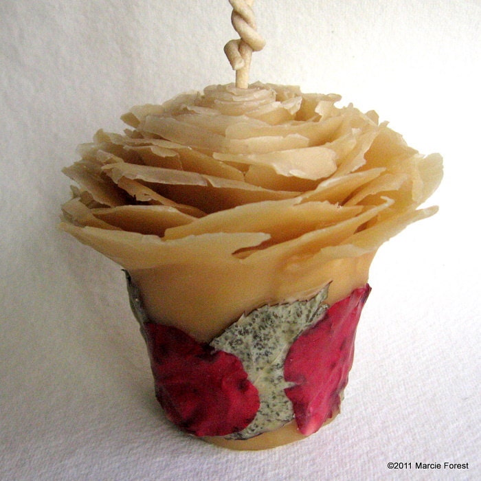 Rose Candle Pillar & Tapers Set - Gifts, Home Decor, Weddings - Pure Beeswax, Roses - Unique Eco Luxury Candles by Marcie Forest