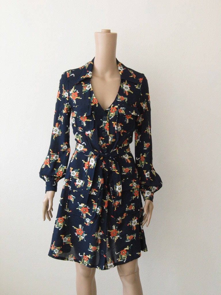 70s Floral Shirt Dress Geometric Print Bloussant Dress V-Neck Lapels