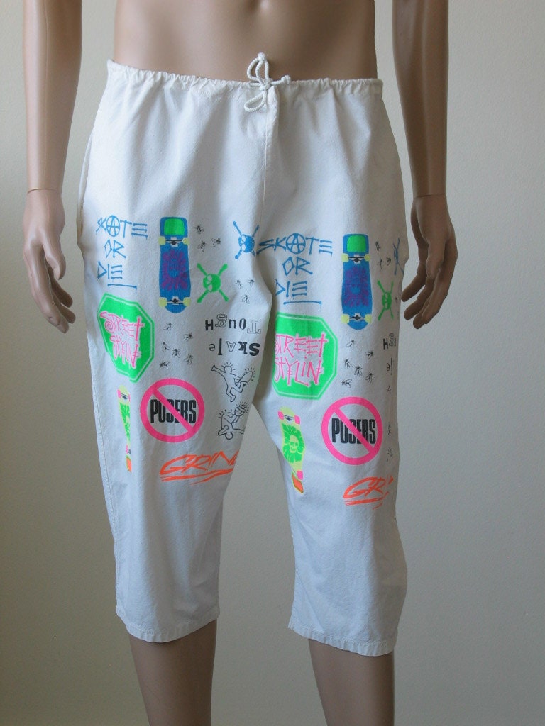 Skate or Die 80s Skateboard Shorts, White, Neon Graffiti, Old School