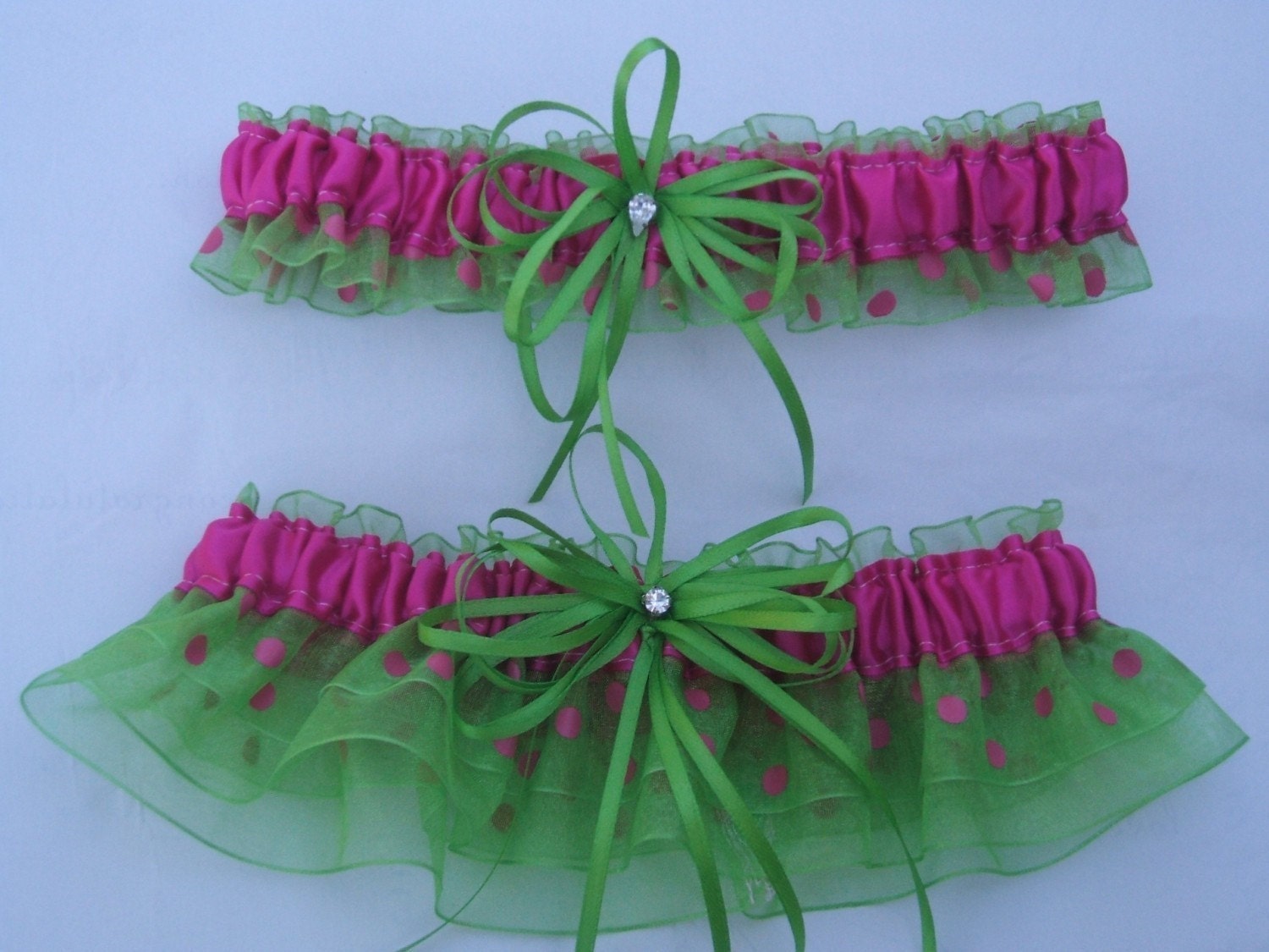 Wedding Garter Set  Hot Pink  With Lime Green Polka Dot