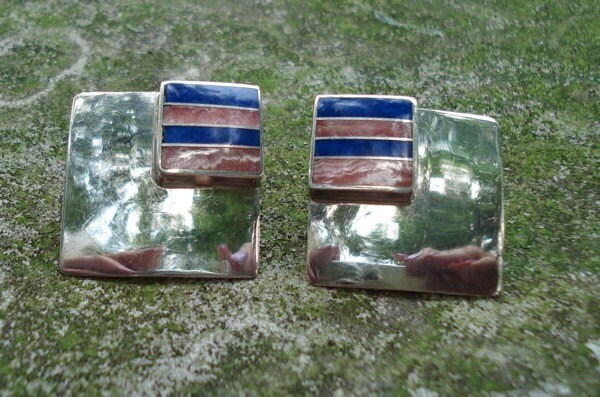Vintage Ray Tracey Artist Signed Silver Lapis Rhodochrosite Earrings