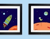 Knobby Knee Bird In Space (set of 2 childrens art prints 11x14 size )