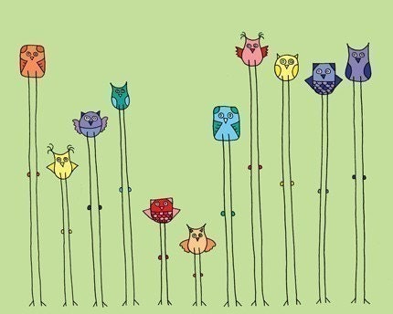 Candy Colored Owls ( 8x10 Children's Art Print )