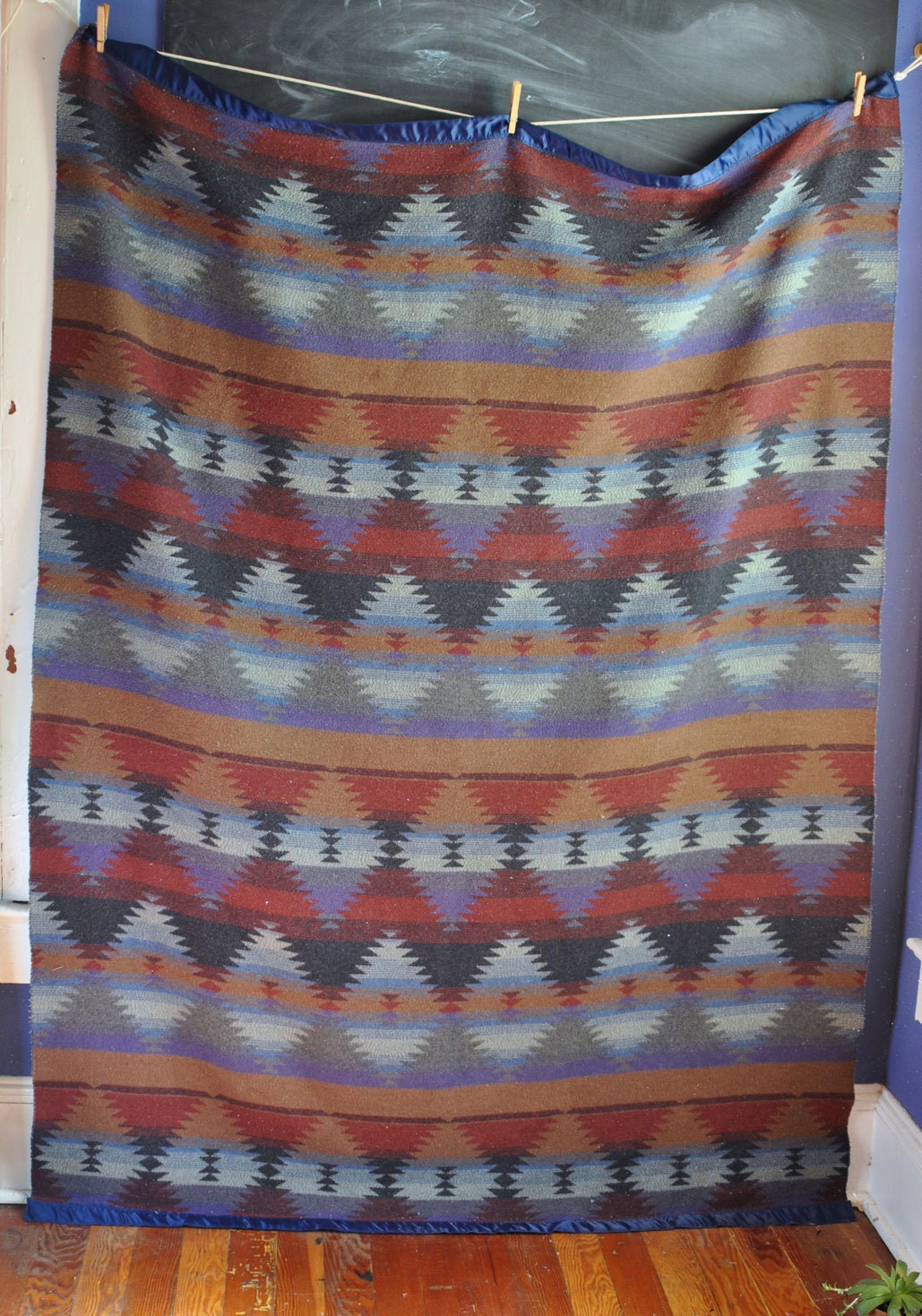 Vintage Southwest Style Wool Camp Blanket in Dark Blue