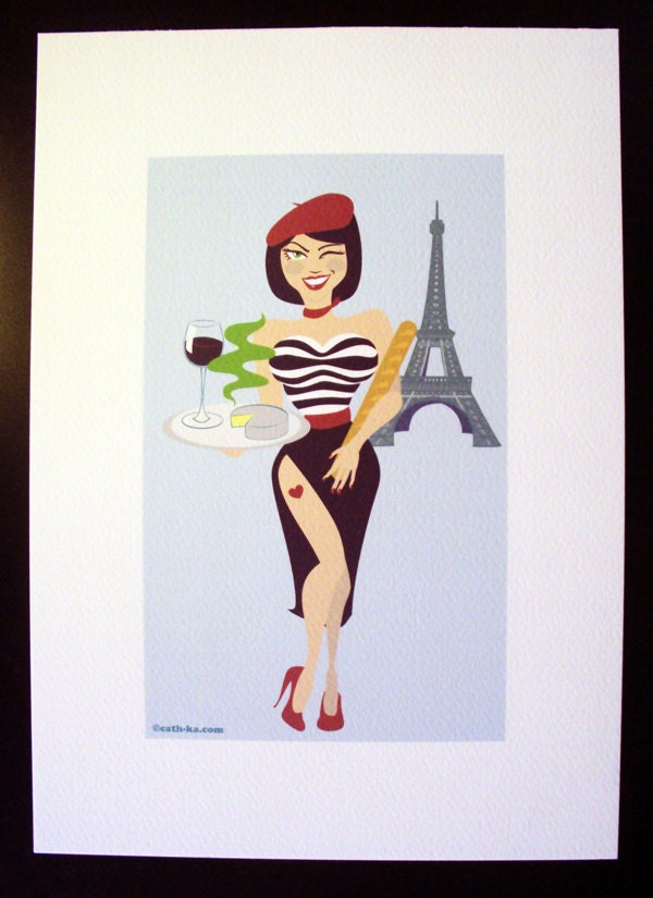 French girl Eiffel Tower art print cartoon retro Paris