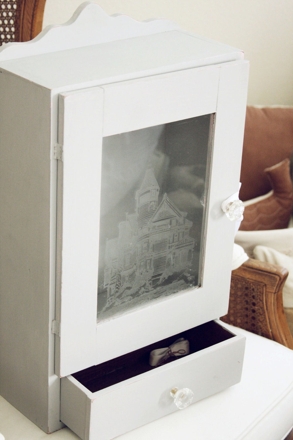 Vintage Gray and White Glass Front Cabinet/Cupboard-Nursery or Girl's Room