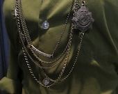 Womens Long Multi Strand Bronze Chain Military Art Necklace One Of A Kind Handmade