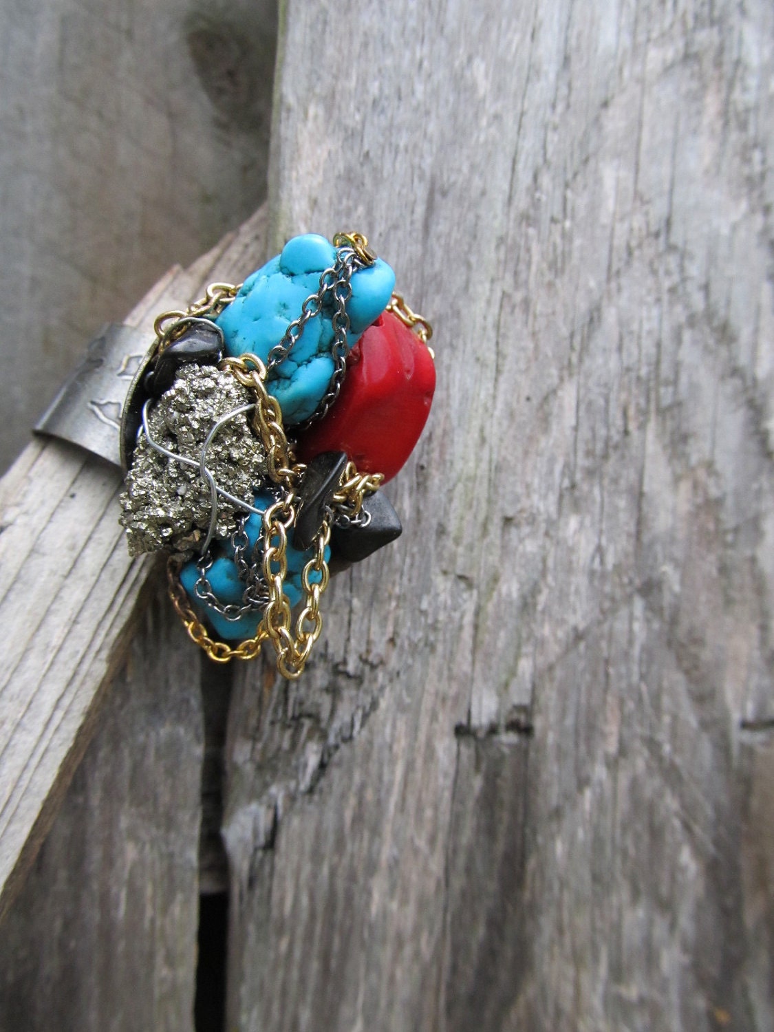 Turquoise & Coral Cluster Ring