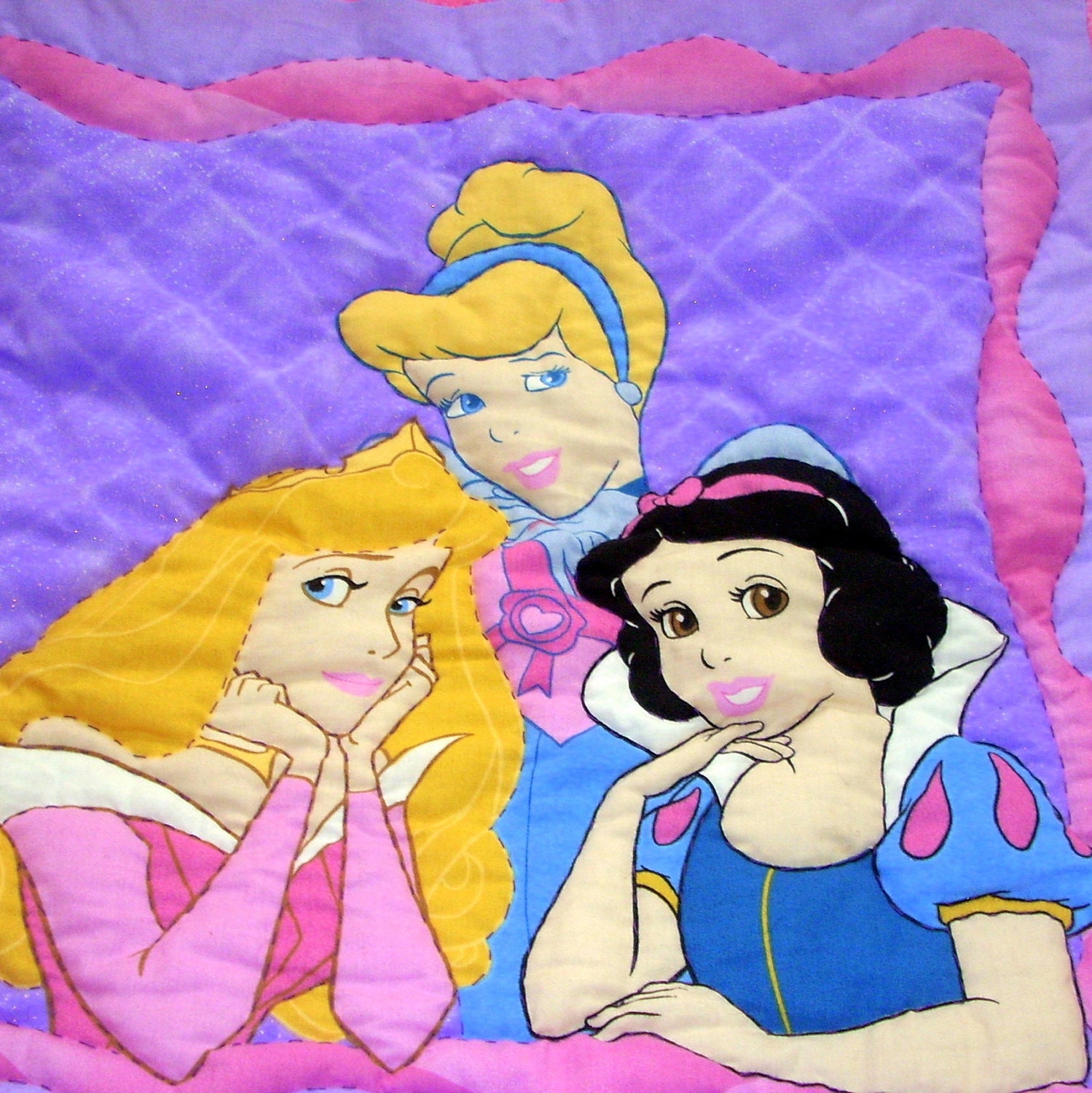 Snow White Cinderella Princess Quilt Handmade Wall Hanging Girls Bed Room Decor Nursery Room Purple Aura made from Disney Princess Fabric