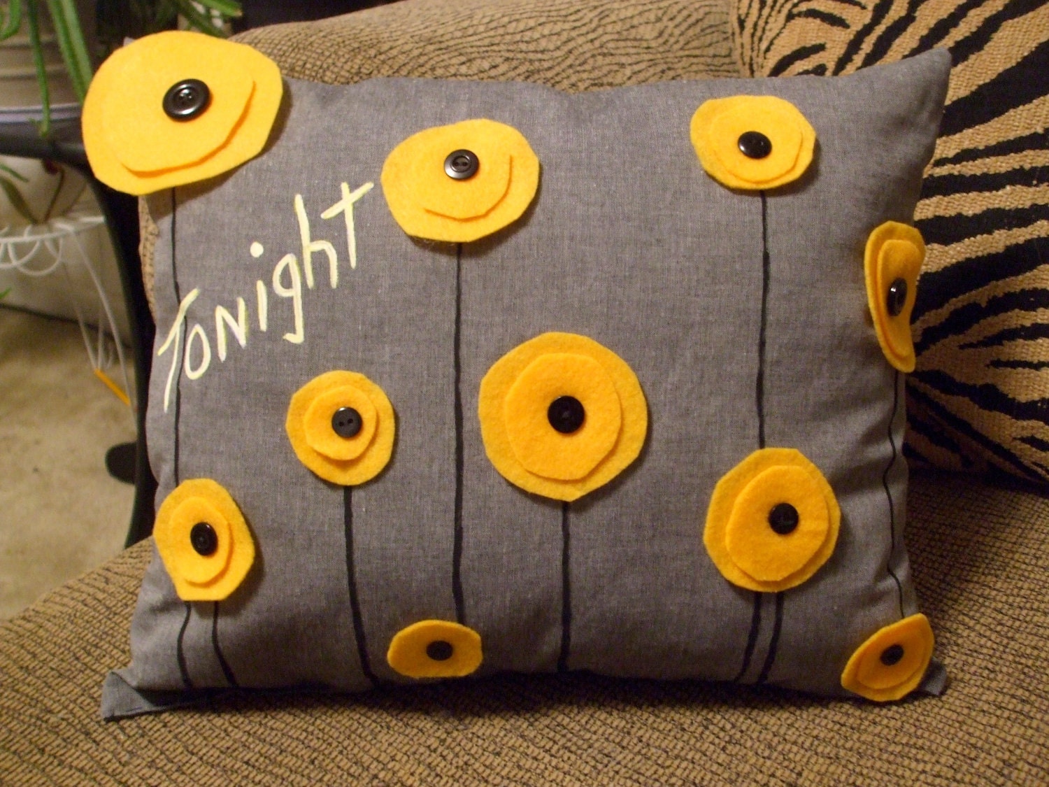 TONIGHT / NOT TONIGHT Yellow Poppy recycled felt pillow 17 X 13inches