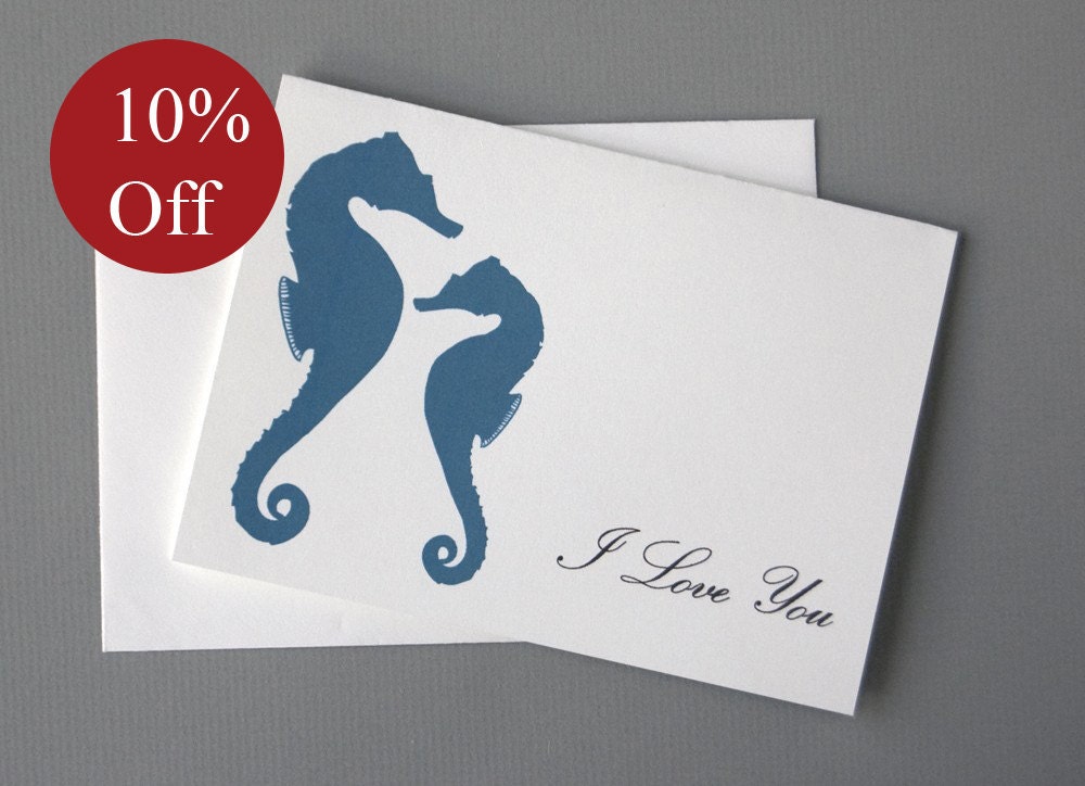 HOLIDAY SALE -- 10% OFF Blue Seahorses (I Love You) Valentine's/Wedding/Anniversary/Engagement 4-Bar Folded Card