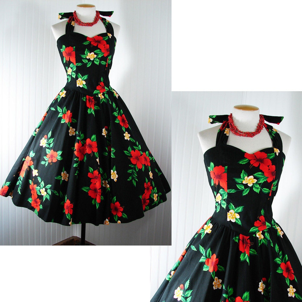 Vintage 80s 50s Dress HAWAII NOIR Black Hawaiian Halter Party Sundress w Scarlet Red Hibiscus S