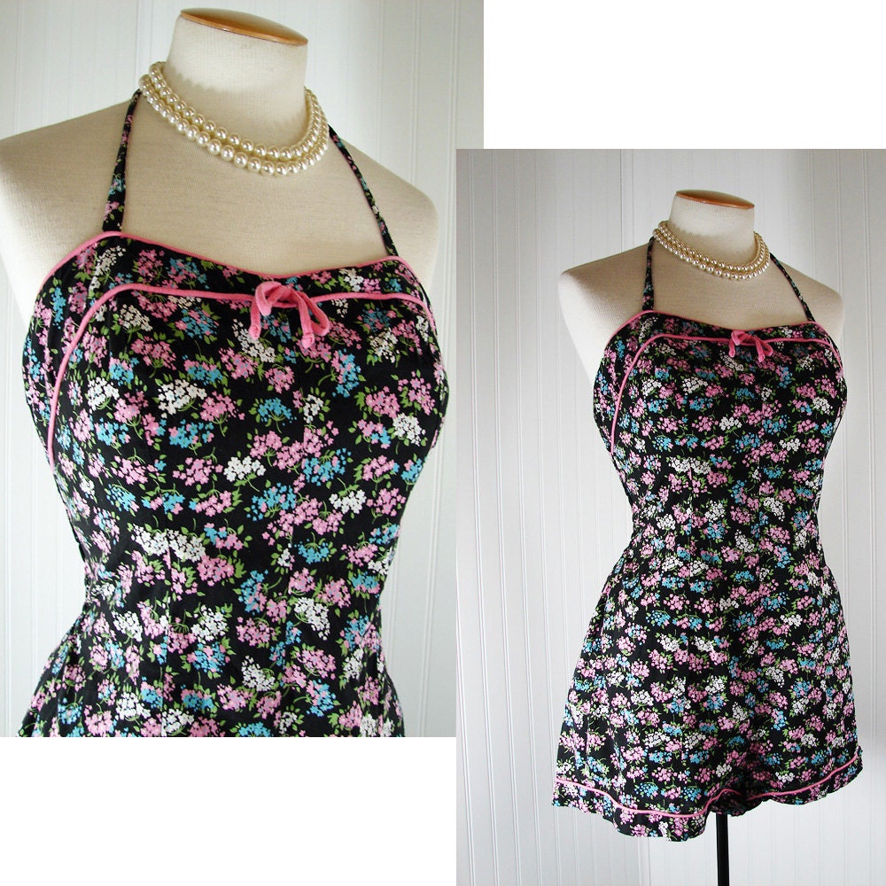 Vintage 50s Romper Sunsuit Swimsuit Bathing Suit ADORATION Designer Black Pink Floral Print Cotton Halter m