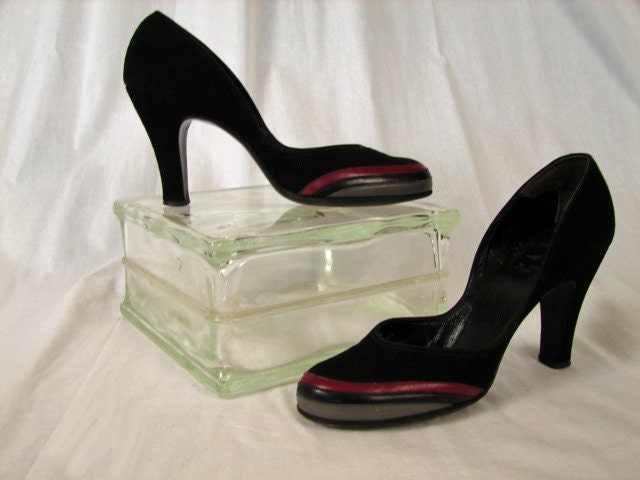 1940s Shoes - Vintage 40s Heels - Black Burgundy Grey Tri Tone Babydoll Heels 7 narrow - Dangerous Curves