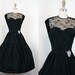 1950s Dress - WICKED INTENTIONS Vintage 50s Black Taffeta Chantilly Lace Cocktail Party Dress s