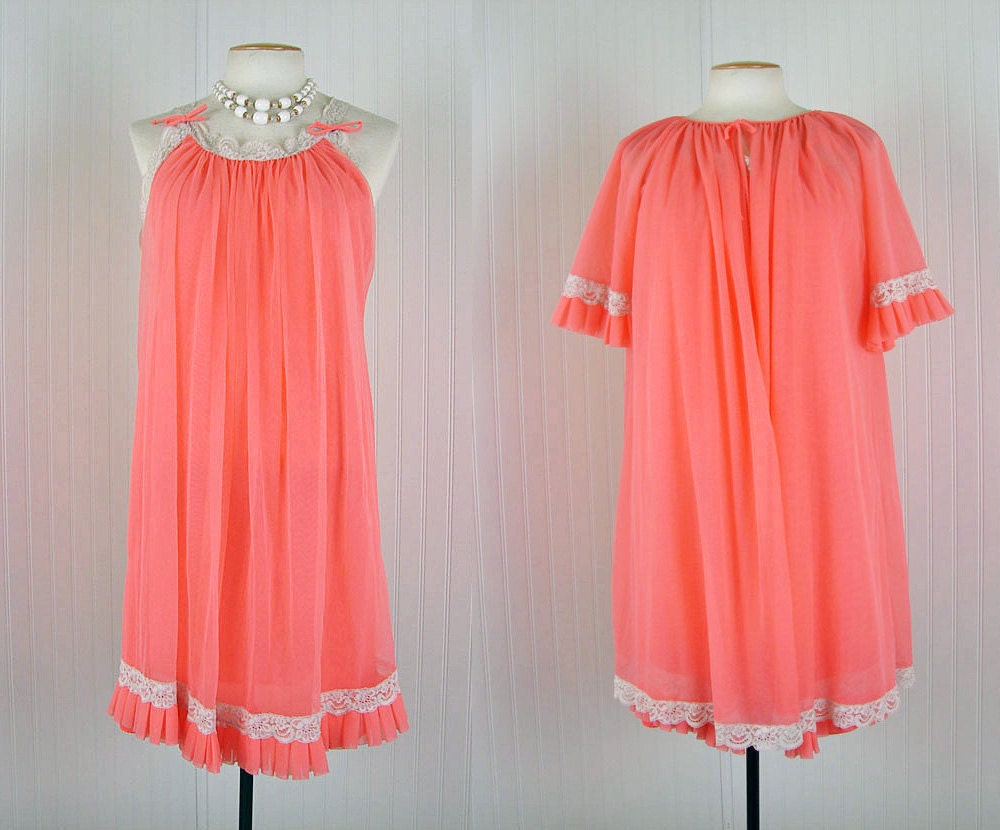 1960s Peignoir Gown - GLAMOURPUSS Vintage 60s Mad Men Coral Chiffon Goddess Nightgown and Robe