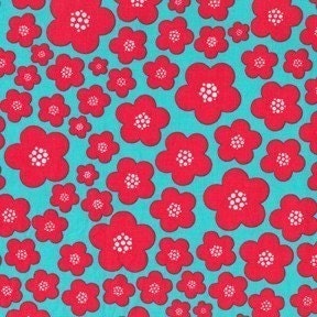 Turquoise Blue Red Blossom - Flora and Fauna - Patty Young Modkid - Michael Miller Fabric - Fat Quarter 18 by 22