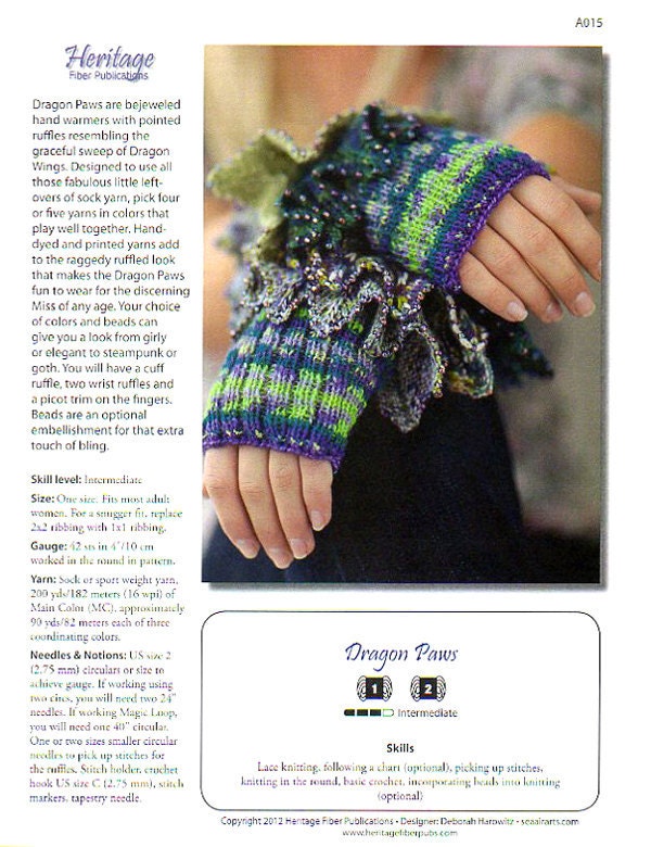 Knitting Pattern Fingerless Gloves Hand Warmers Dragon Paws Beaded Ruffled
