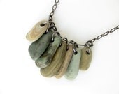 River rock necklace in natural greens. "Peacock Woodgrain Rock Collection"