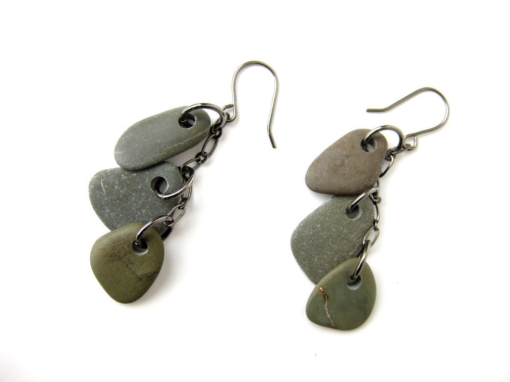 River rock earrings handcrafted from real green beach stone. Green Dangle Stone Earrings on Gunmetal - 476