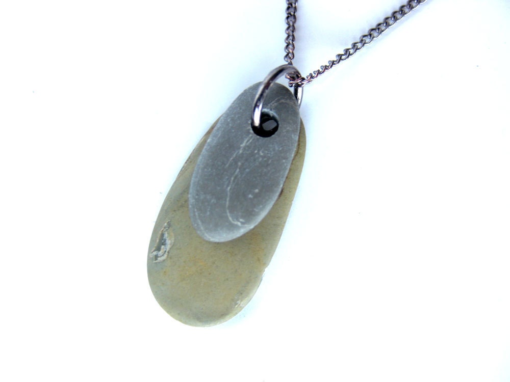 Nature jewelry - natural rock necklace. "Zen Stone Necklace, Grey on Green Ovals" 055