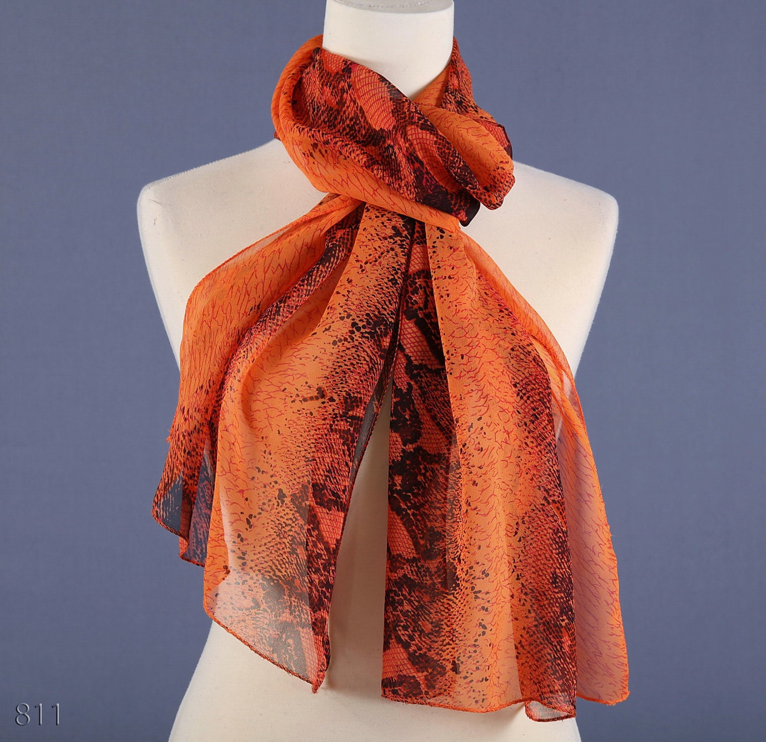 Burnt Orange Silk Scarf / Animal Print Long Silk Scarf / New