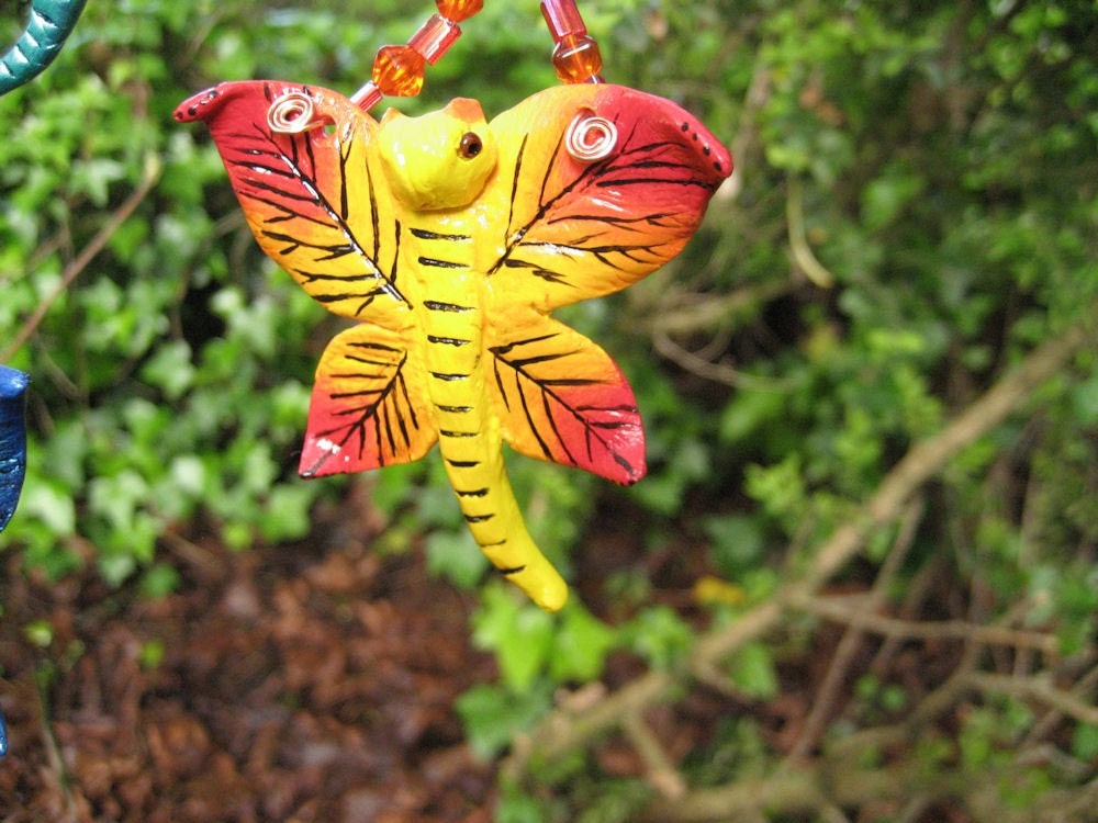 Leaf dragonfly sculpture handmade using real leaves for wings .  One of a kind. Shipping included