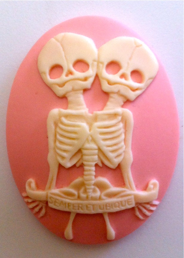 Conjoined Twins "Semper et Ubique" Cameos 40x30mm, set of 6 in Bone on Pink