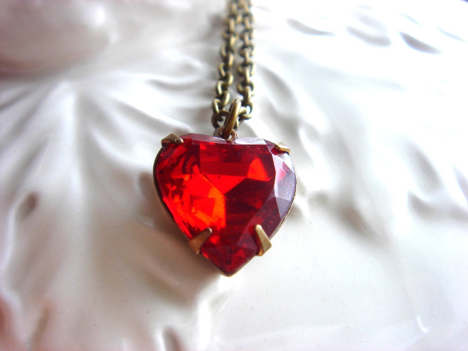 STOCKING STUFFER - Holiday - Sparkling Vintage Red Rhinestone Heart Pendant - Necklace - Keepsake Jewelry