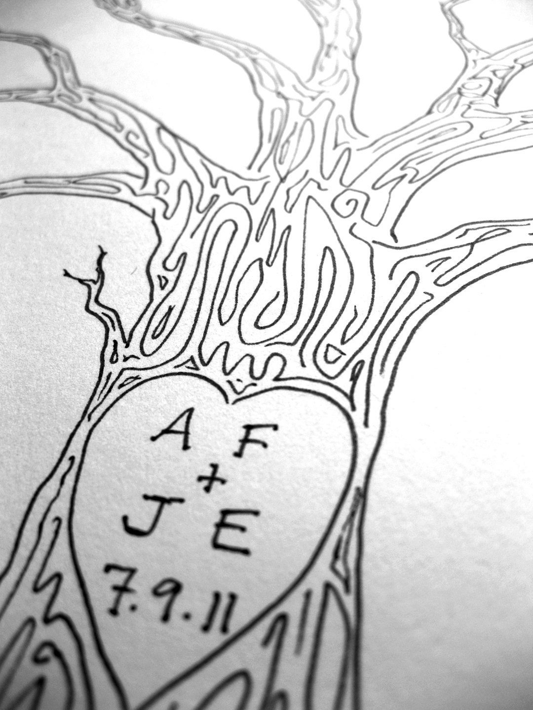 24 x 18 WEDDING TREE Guest Book Customizable Original Drawing Thumbprint Tree BLACK ink