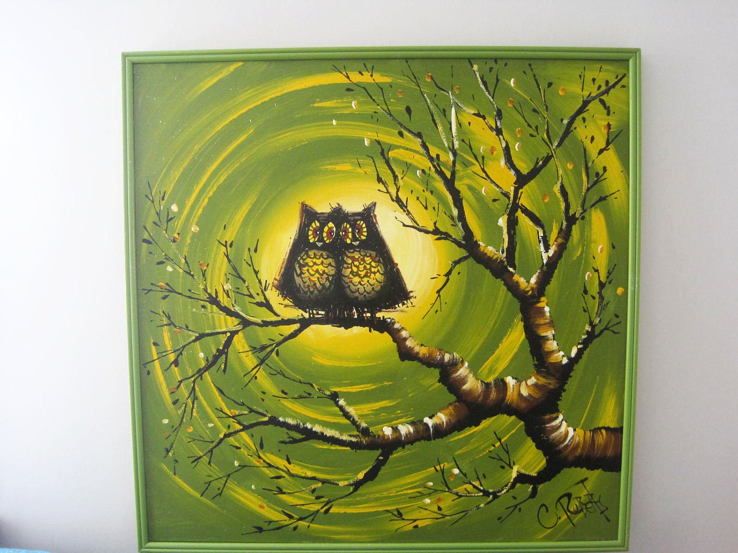 Mid Century Modern Large Owl Painting Signed by Artitst C. Roberts