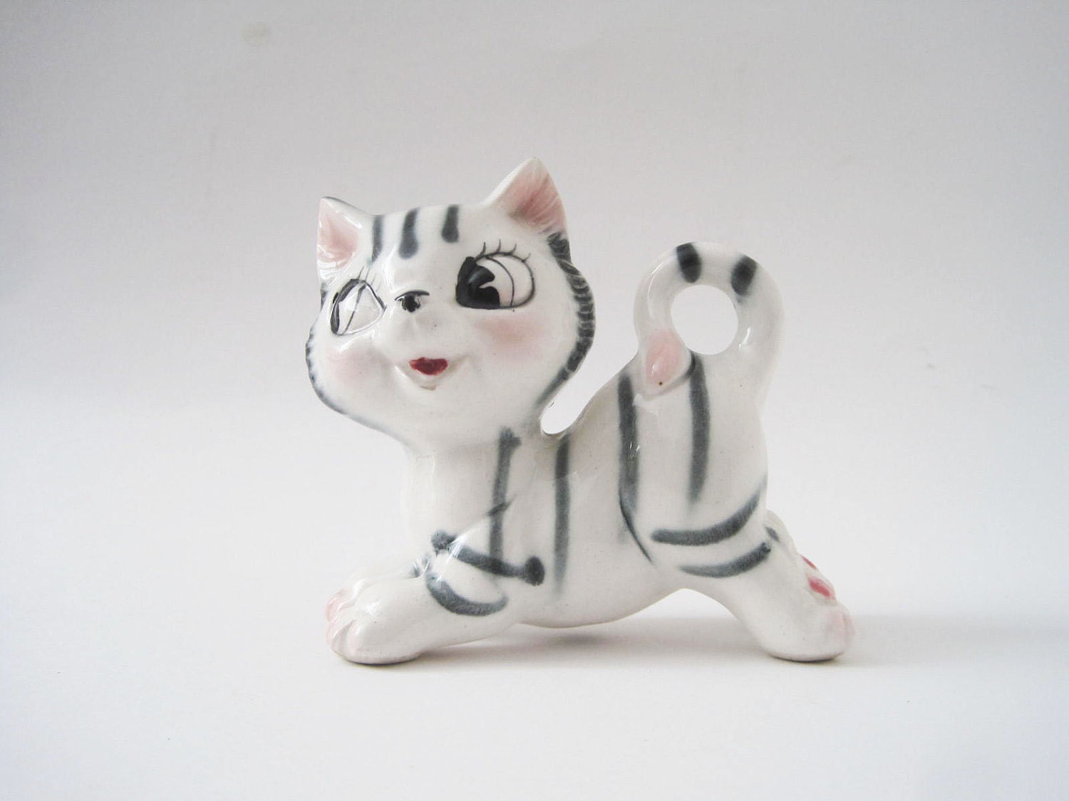 Vintage Striped Kitty Cat Ceramic Figurine Retro Kitsch