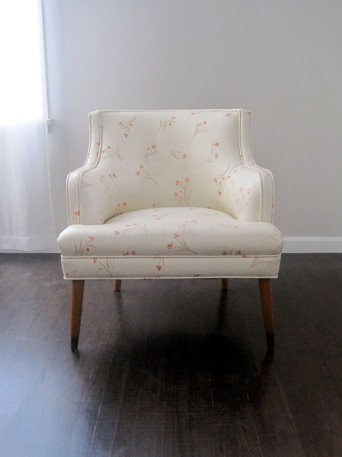 Vintage Mid Century Lounge Chair Vinyl Cherry Blossom Upholstery 1950s