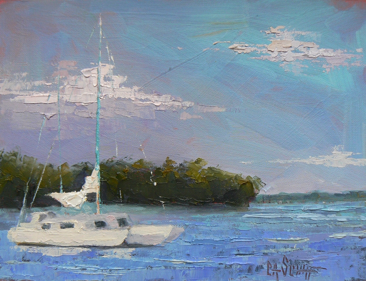 Boat Painting,  Small Oil Landscape,  Daily Painting"Lowering the Sails" 6x8 Painting, Palette Knife Art