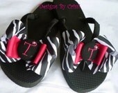 Zebra and Hot Pink Bow Initial Flip Flops Personalized Monogrammed Ribbon for Ladies and Girls
