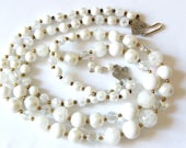 Bead Necklace, Winter White, Milk Glass Beads, 2 Strands & Gold Tone Spacers