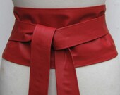 Scarlet red wide leather obi wrap belt