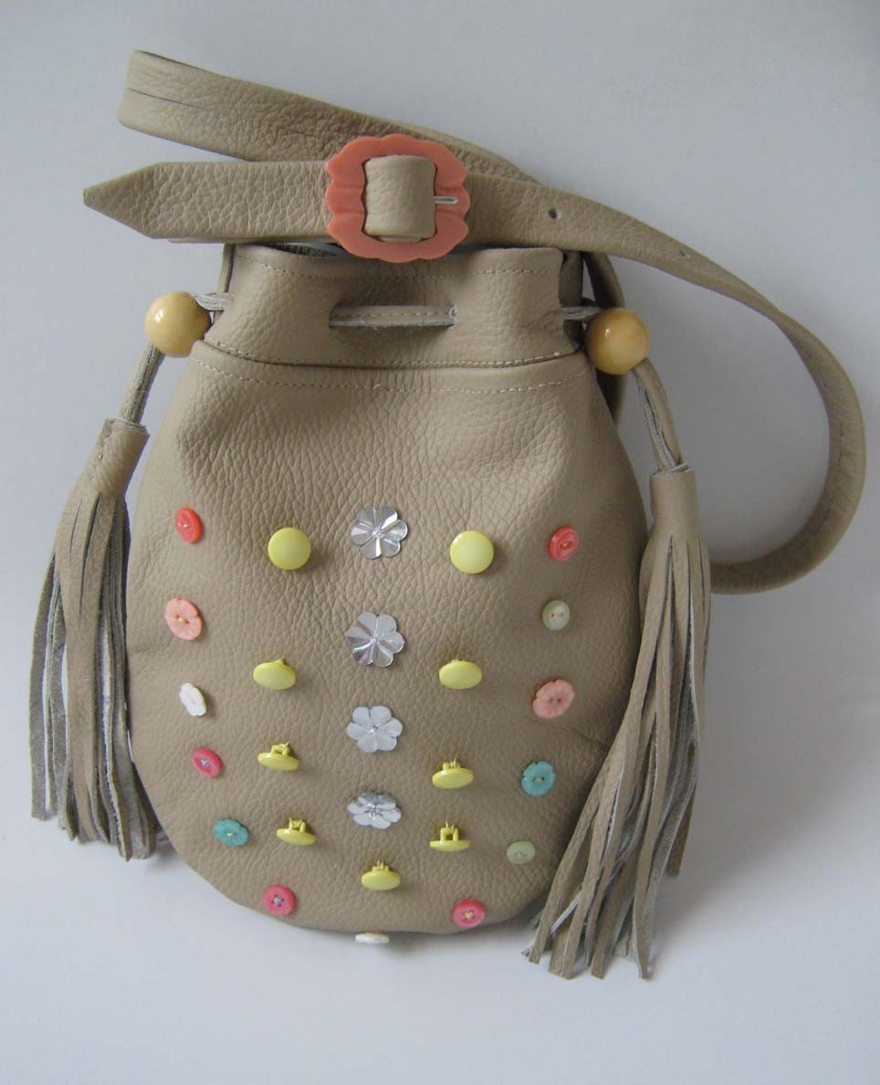 Nude beige leather tassel purse pouch bag