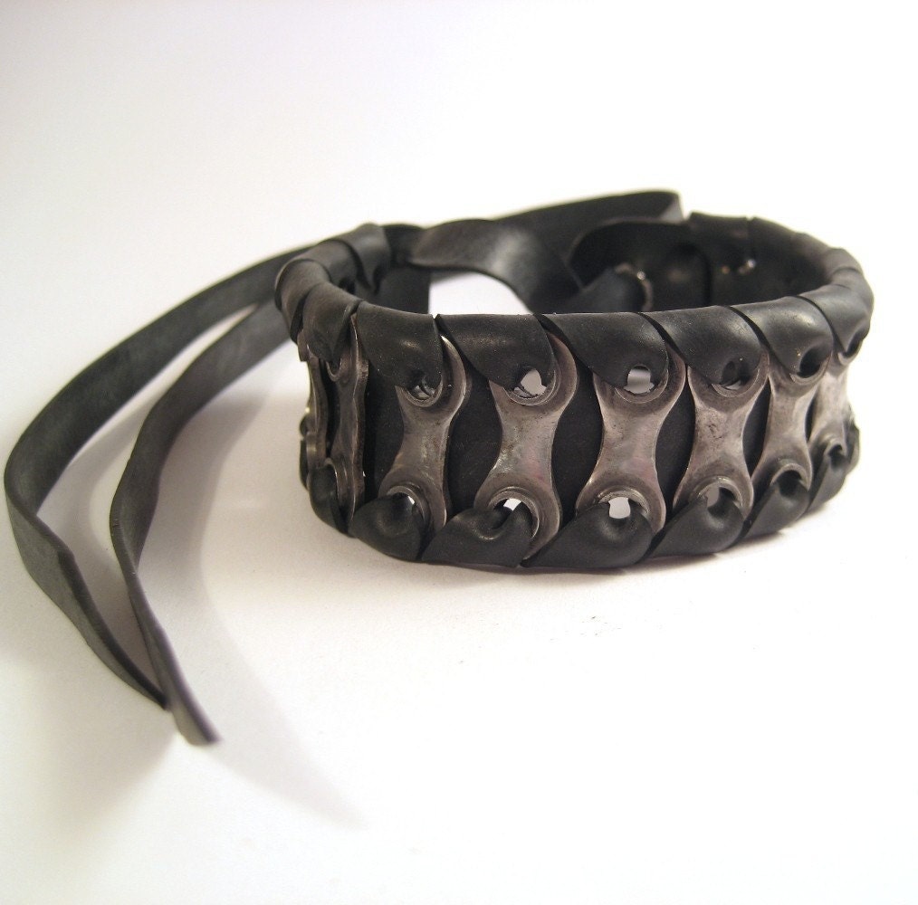 Upcycled Bike Chain Cuff Recycled Bicycle Jewelry Metal Steel Black Rubber Bracelet